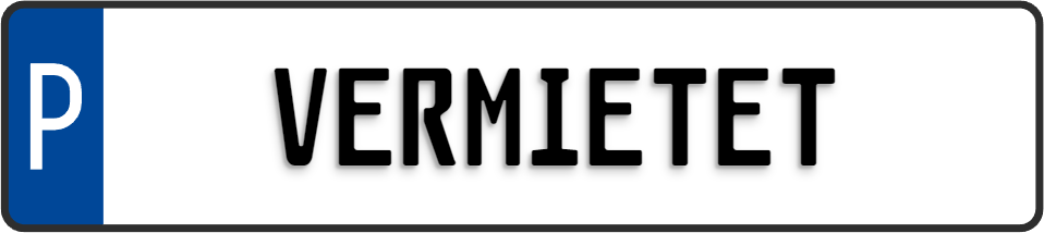 Schild zur Parkplatzkennzeichnung "P-VERMIETET"- KFZ Normgröße, Kleinschrift, geprägt.