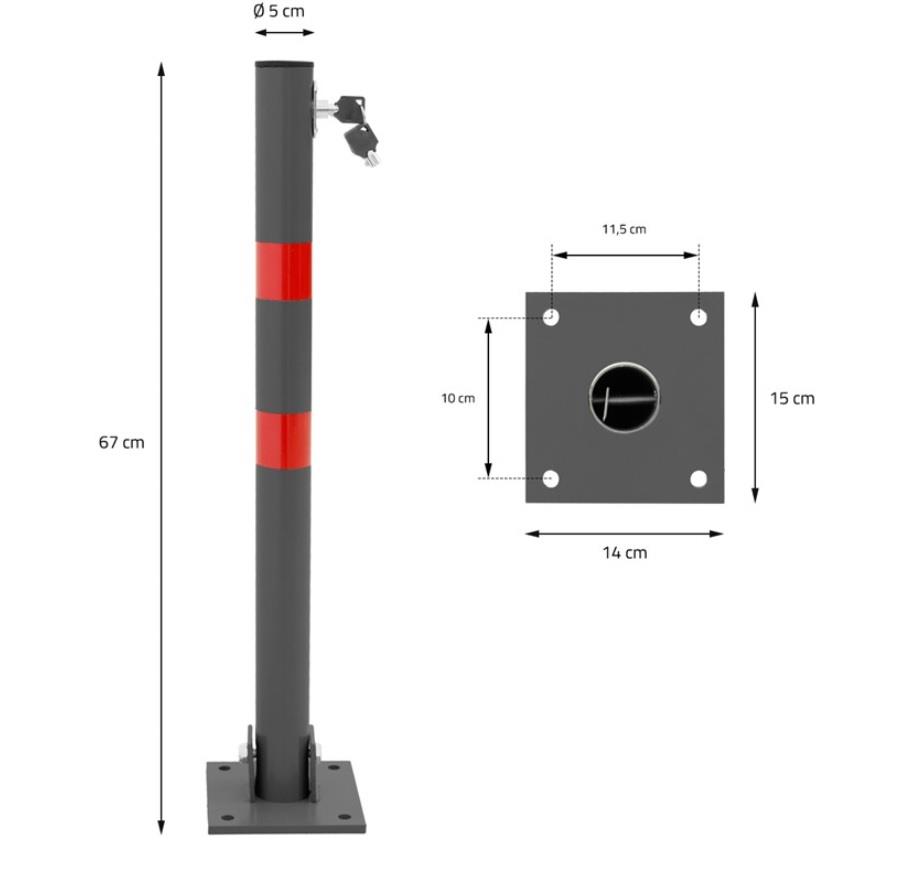 Klappbarer Parkpfosten 68 cm - rund - mit roten Warnstreifen und 3 Schlüssel-Anthrazit-aus Stahl
